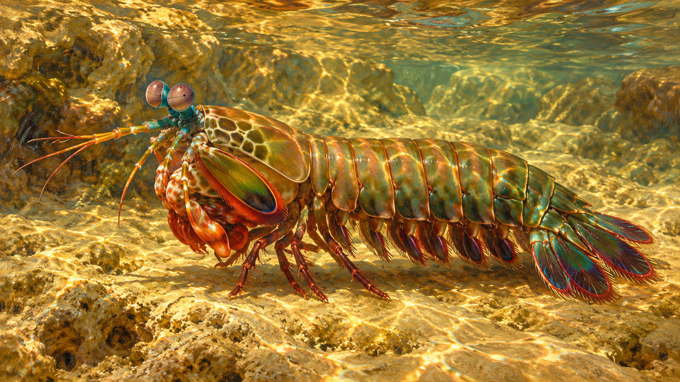 A mantis shrimp glows amber and copper on limestone beneath rippling shallow water.