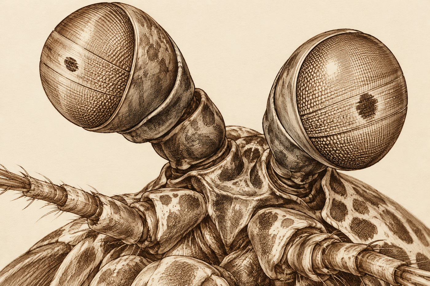A close sepia pen-and-ink study of two mantis shrimp eye stalks and the patterned front shell.