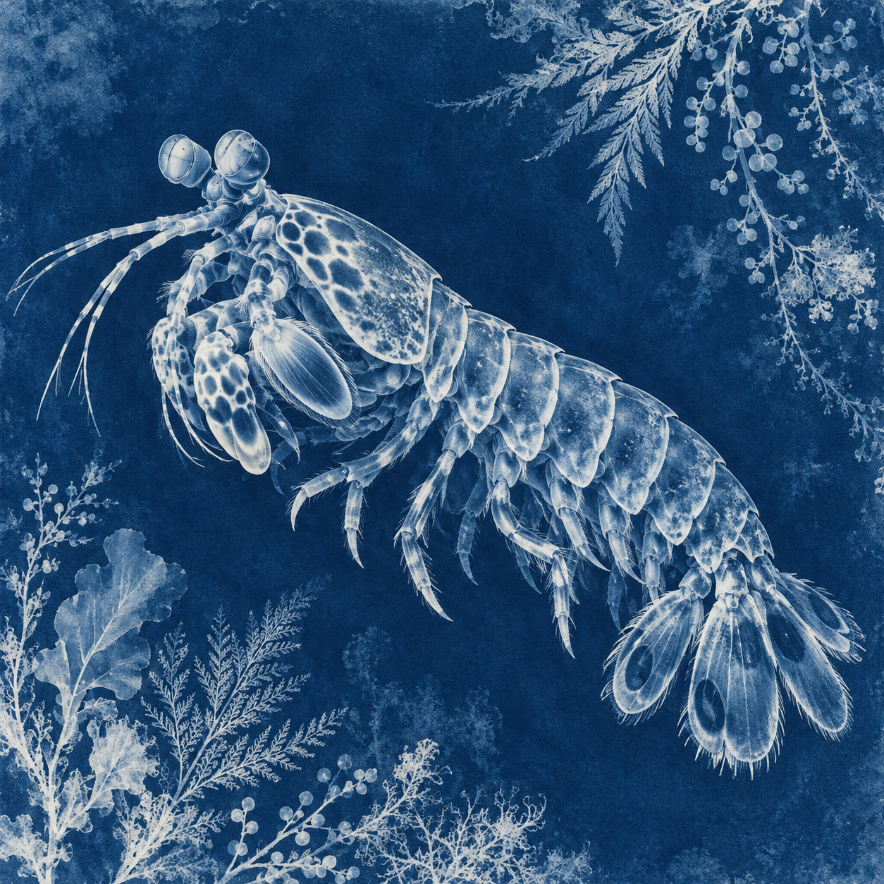 An intricate white peacock mantis shrimp silhouette on a deep Prussian blue cyanotype.