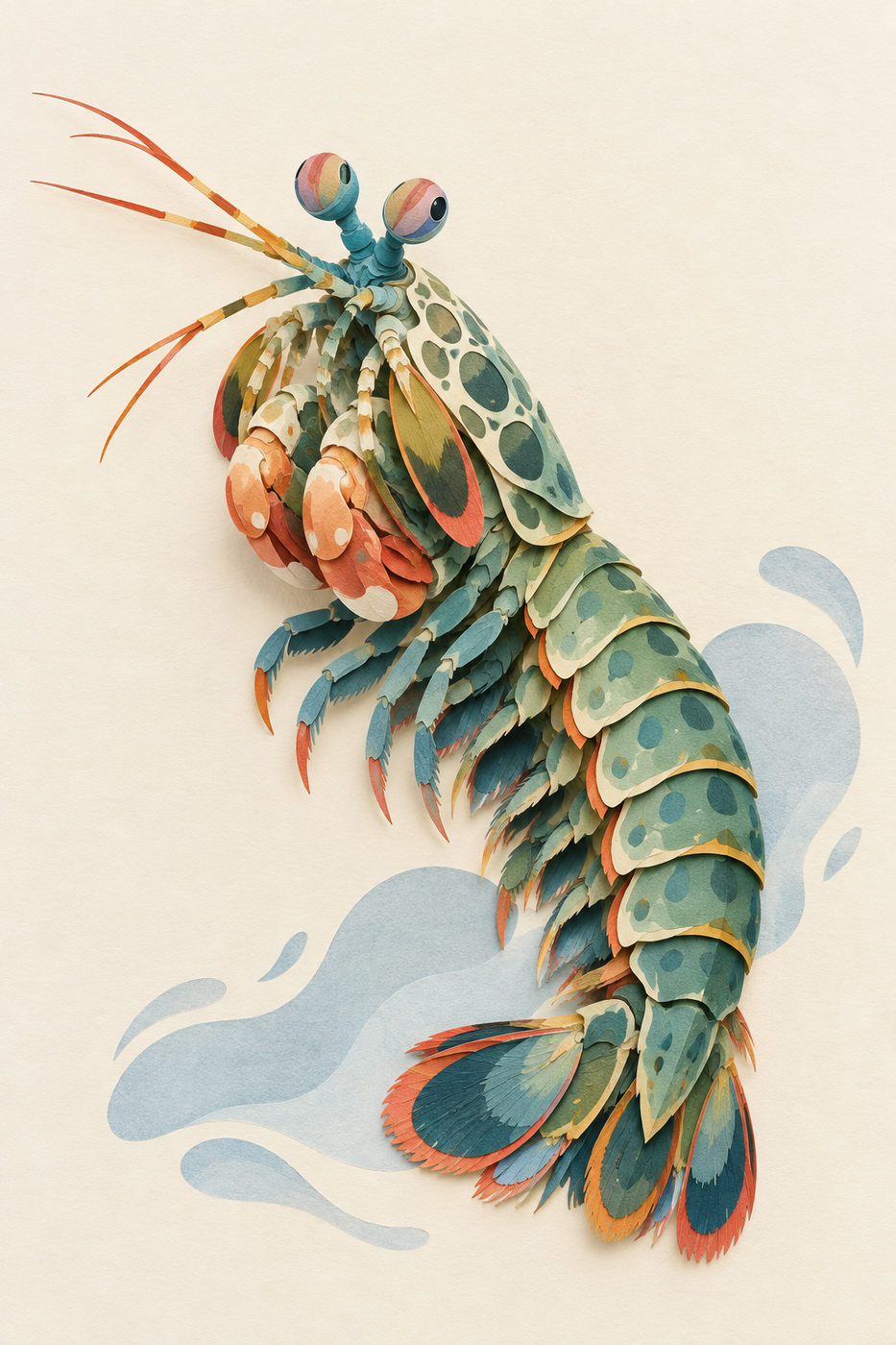 A minimalist cut-paper peacock mantis shrimp in sage green and coral on warm cream.