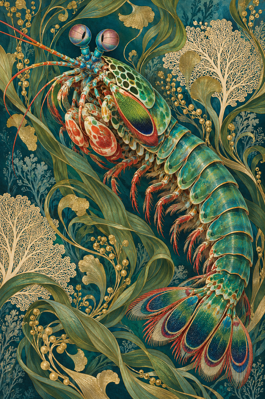 A peacock mantis shrimp surrounded by flowing golden seaweed in an Art Nouveau illustration.