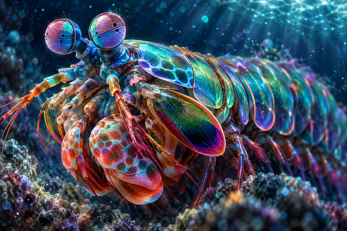 A luminous macro painting of a peacock mantis shrimp with iridescent cyan, violet and rose armor.