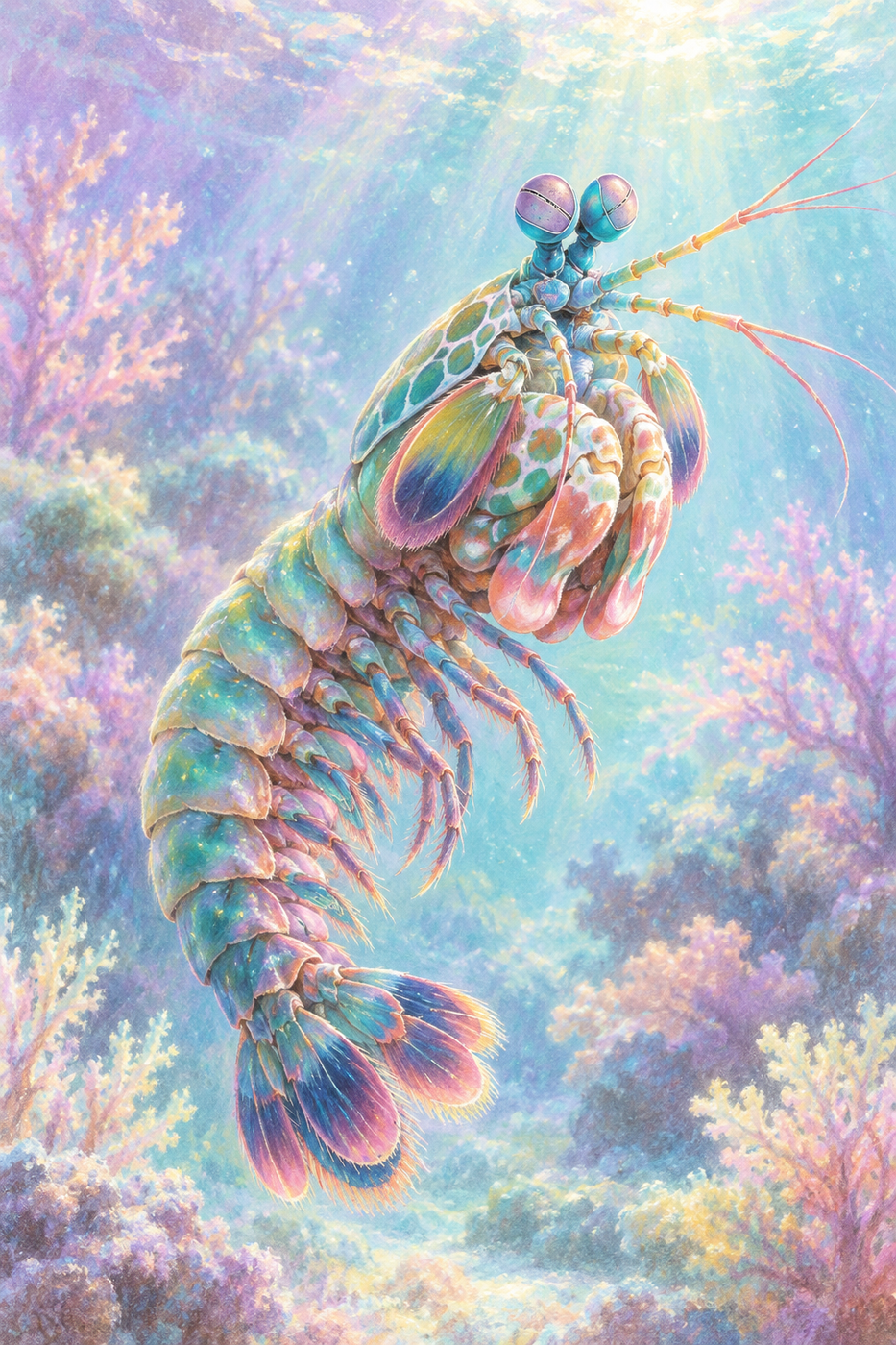Soft pastel peacock mantis shrimp drifting through a lavender and mint lagoon with delicate coral.