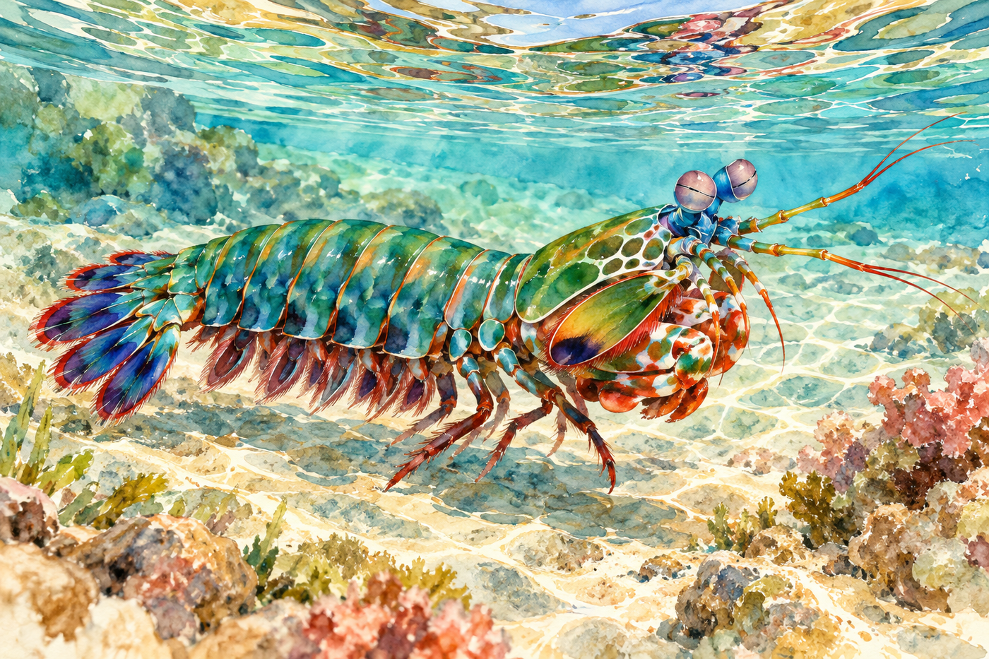 A peacock mantis shrimp seen just beneath a rippled lagoon surface in a watercolor-style artwork.