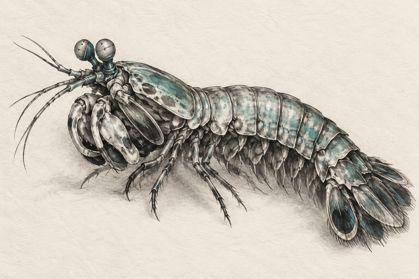 A charcoal drawing captures a mantis shrimp’s curved armor with a restrained teal watercolor accent.