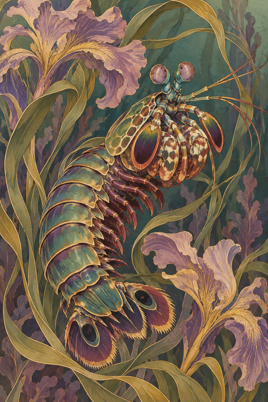 A sage and plum mantis shrimp curves among gold-edged iris blossoms and flowing botanical ribbons in an Art Nouveau illustration.