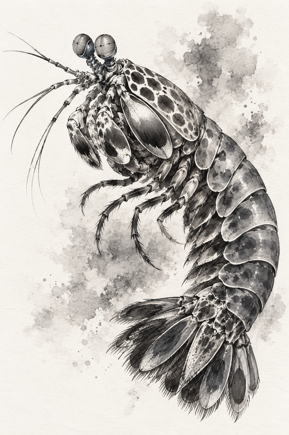 Black and gray ink study of a curved peacock mantis shrimp on textured white paper.