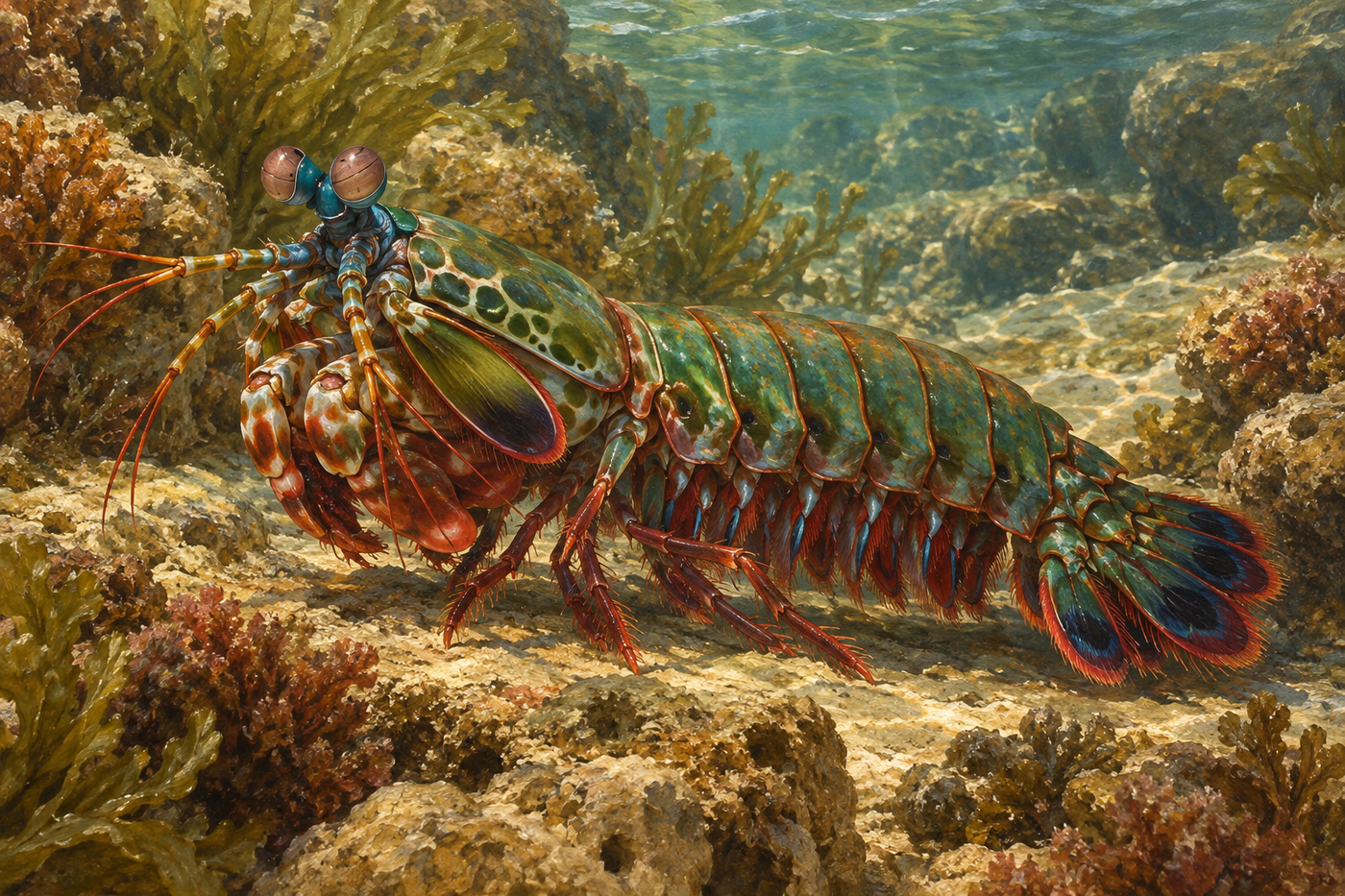 An antique-style oil painting of a colorful peacock mantis shrimp on a shallow reef.