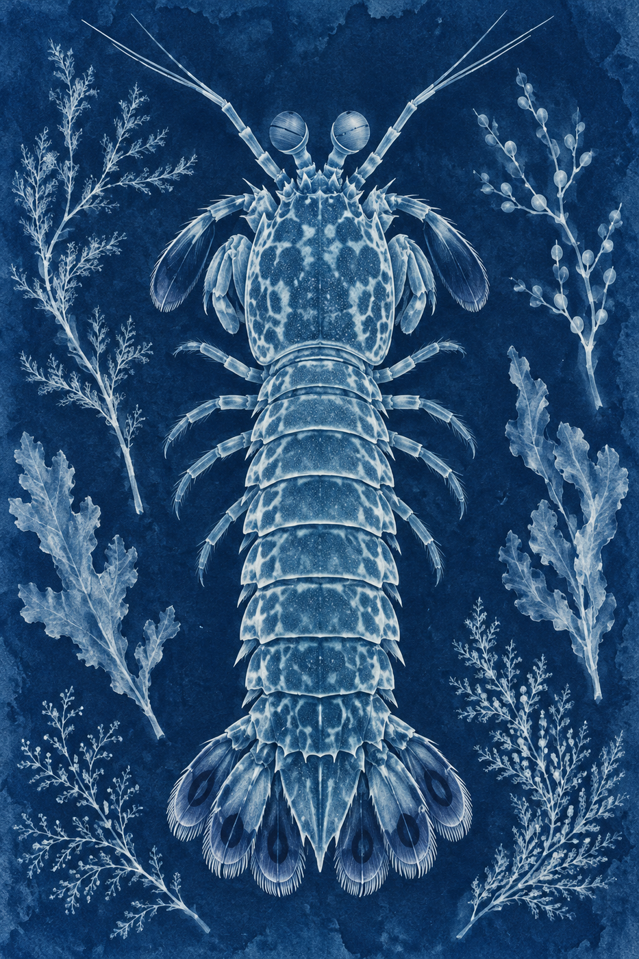 An overhead cyanotype-style mantis shrimp in pale blue, surrounded by separate seaweed imprints on Prussian-blue paper.