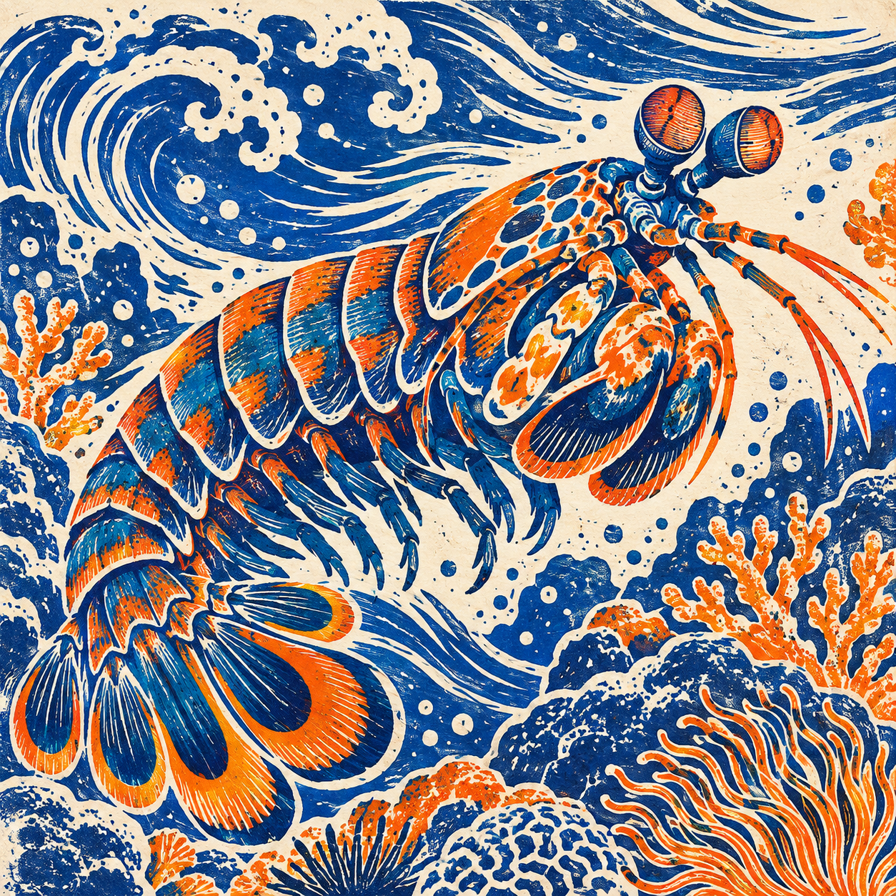 A bold cobalt-and-orange linocut portrays a peacock mantis shrimp among rhythmic ocean waves.