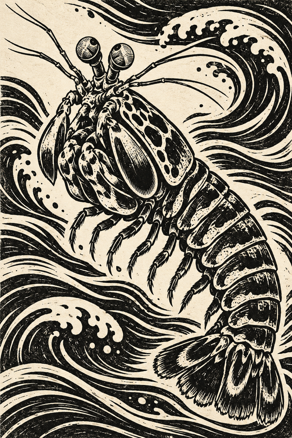 A peacock mantis shrimp against a field of carved wave patterns in a linocut print-style artwork.