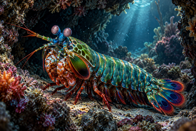 A jewel-toned peacock mantis shrimp emerges from a dark ocean crevice in a cinematic digital painting.