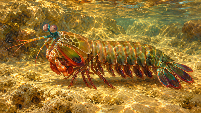 A mantis shrimp glows amber and copper on limestone beneath rippling shallow water.