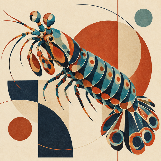 A peacock mantis shrimp is reimagined in terracotta, navy, and cream geometric forms.