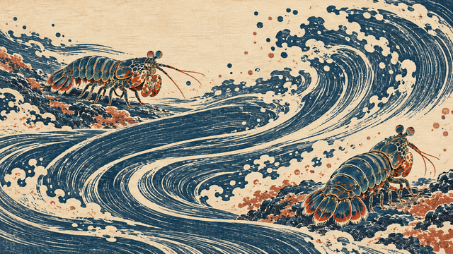 Two small mantis shrimp in different poses flank broad indigo currents in a rust-and-cream woodblock-style print.
