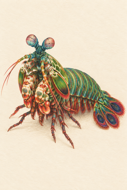 An emerald and scarlet mantis shrimp faces forward at a three-quarter angle in a colored-pencil drawing on cream paper.