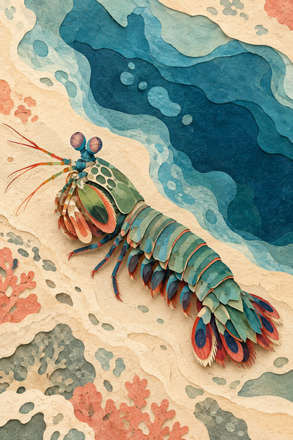 A sage and coral paper-collage mantis shrimp rests on a cream shoreline beside a layered deep-blue lagoon.