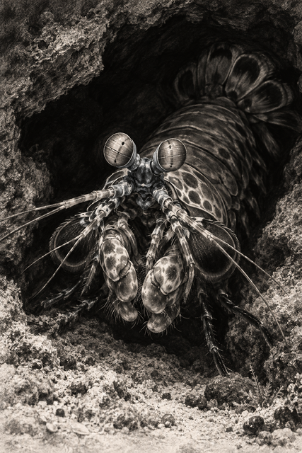 A front-facing mantis shrimp emerges from a dark rock burrow in a charcoal drawing, with pale eye and club highlights.