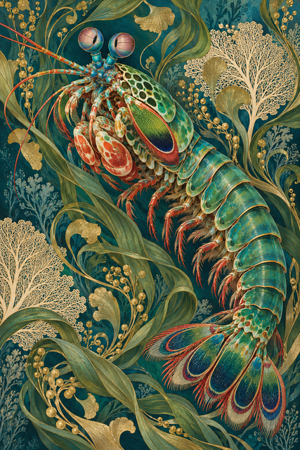 A peacock mantis shrimp surrounded by flowing golden seaweed in an Art Nouveau illustration.