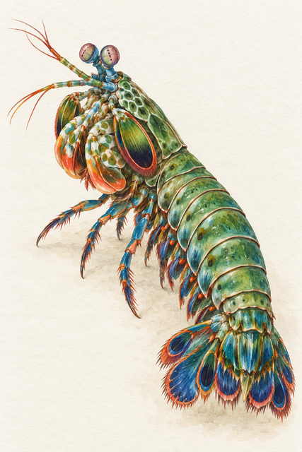A natural-history-inspired watercolor study of a peacock mantis shrimp on warm ivory paper.
