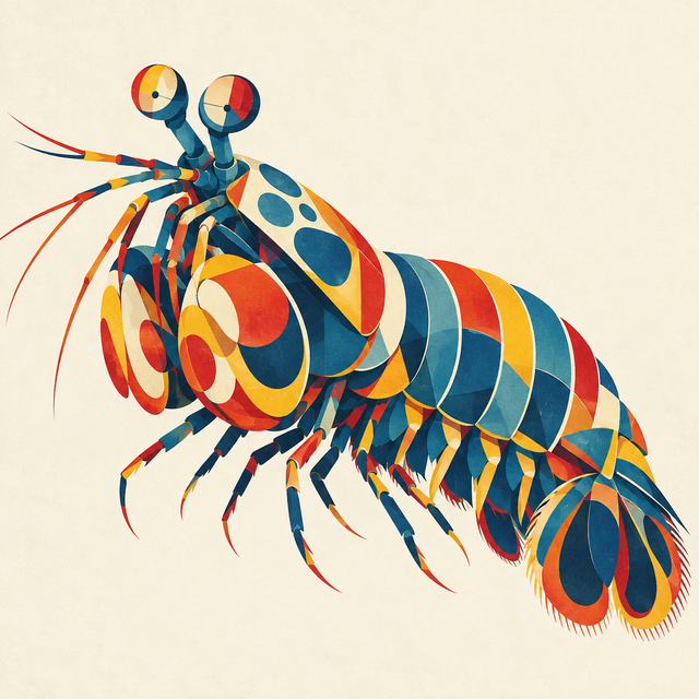 A geometric peacock mantis shrimp with round stalked eyes, folded clubs and a segmented red, blue and yellow body on an ivory field.
