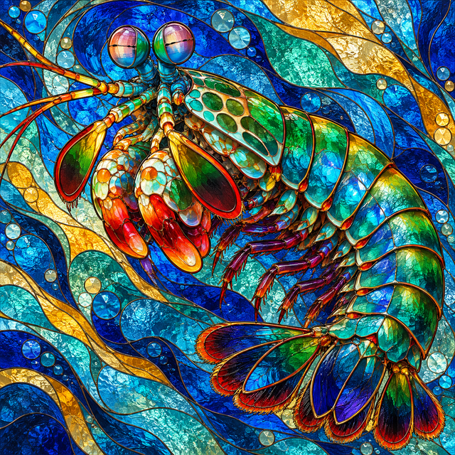 Glowing stained-glass peacock mantis shrimp in blue, emerald and amber aquatic patterns.