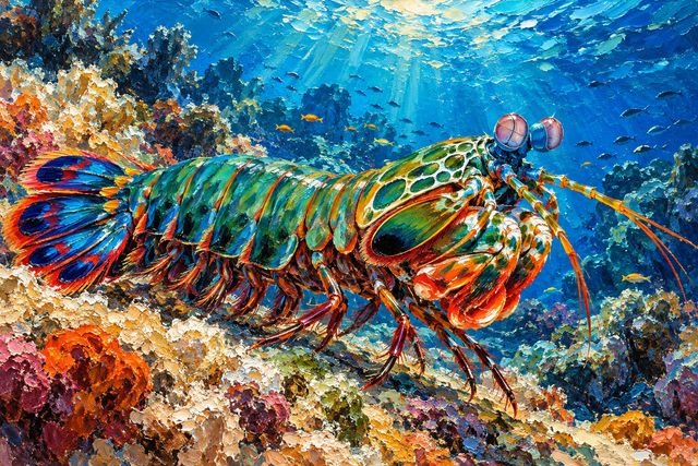 Colorful impasto oil painting of a peacock mantis shrimp among coral in a sunlit blue reef.