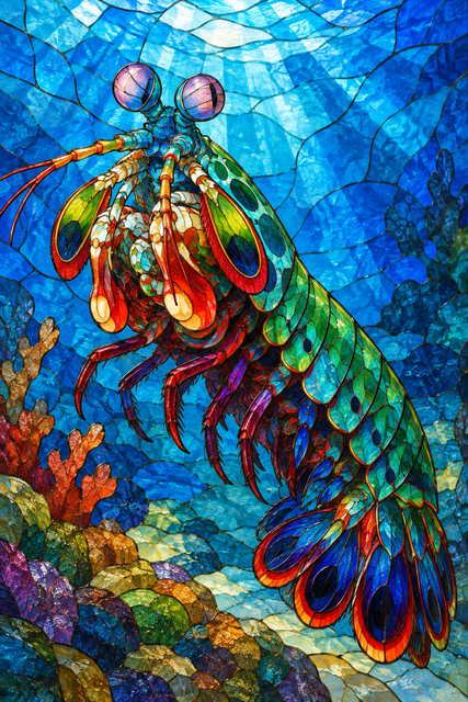 A ruby, emerald and sapphire mantis shrimp formed from luminous stained-glass panes curves above a reef against bright blue water.
