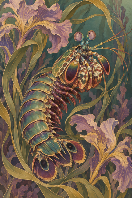 A sage and plum mantis shrimp curves among gold-edged iris blossoms and flowing botanical ribbons in an Art Nouveau illustration.