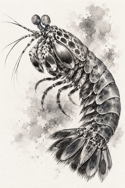 Black and gray ink study of a curved peacock mantis shrimp on textured white paper.