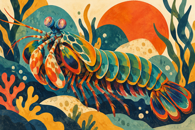 Midcentury-inspired gouache painting of a teal mantis shrimp with orange and mustard reef shapes.