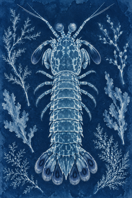 An overhead cyanotype-style mantis shrimp in pale blue, surrounded by separate seaweed imprints on Prussian-blue paper.