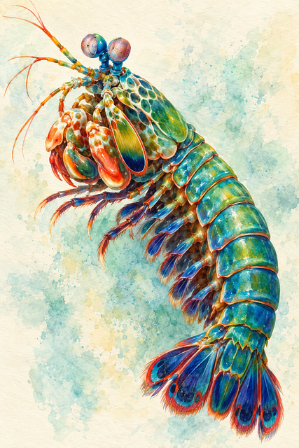 Jewel-toned watercolor of a peacock mantis shrimp with turquoise armor and coral accents on ivory paper.