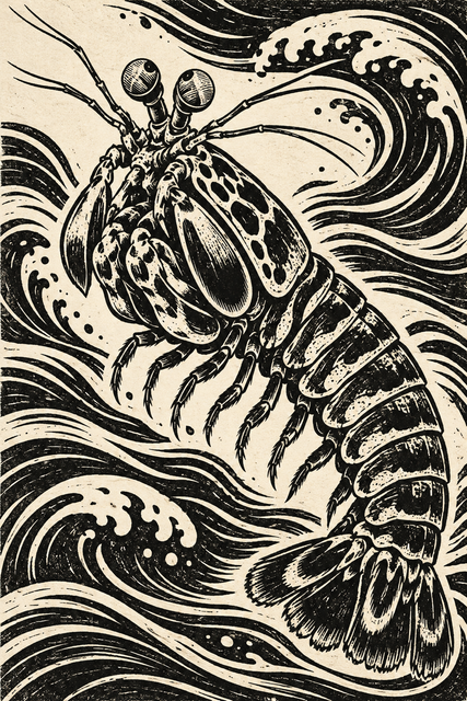 A peacock mantis shrimp against a field of carved wave patterns in a linocut print-style artwork.