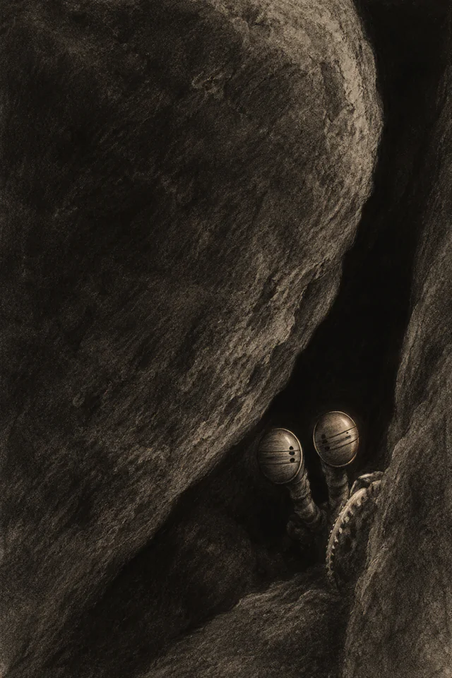 Two small banded mantis shrimp eyes and a curved club edge emerge low at right from a tall charcoal rock gap.