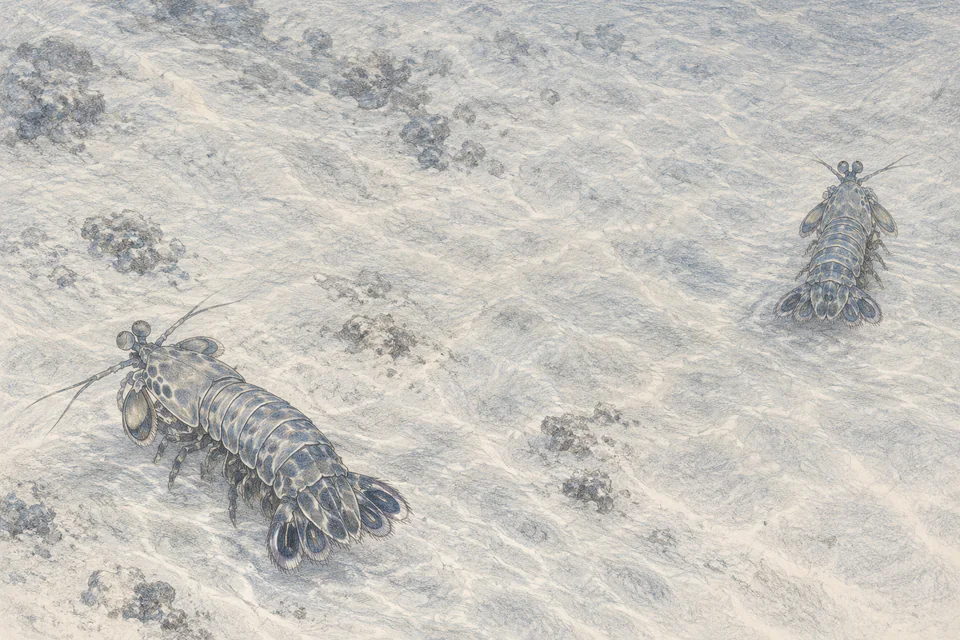 Two blue-gray mantis shrimp seen from high behind take separate directions across a lightly hatched pale seabed.