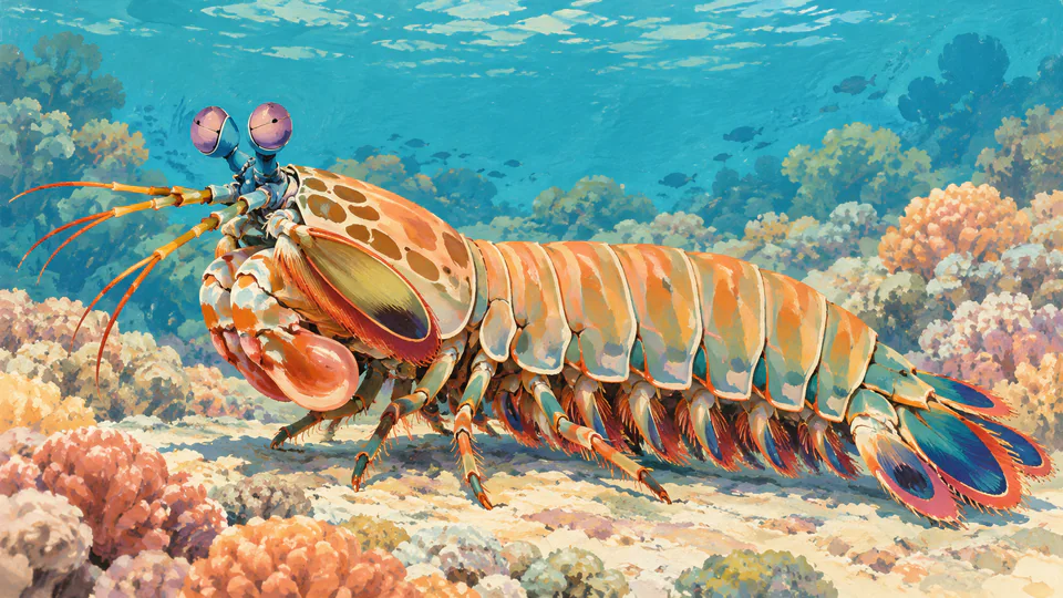 An apricot-and-teal mantis shrimp above rounded coral in a luminous gouache-style reef painting.