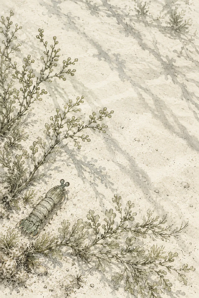 An overhead ink study of a small mantis shrimp between pale sage algae branches, with long gray plant shadows on warm white sand.
