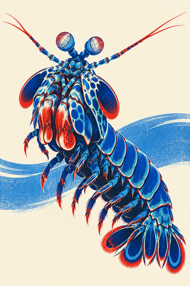 An upright cobalt mantis shrimp with vermilion folded clubs and a fan-shaped tail on cream paper above a broad blue wave.