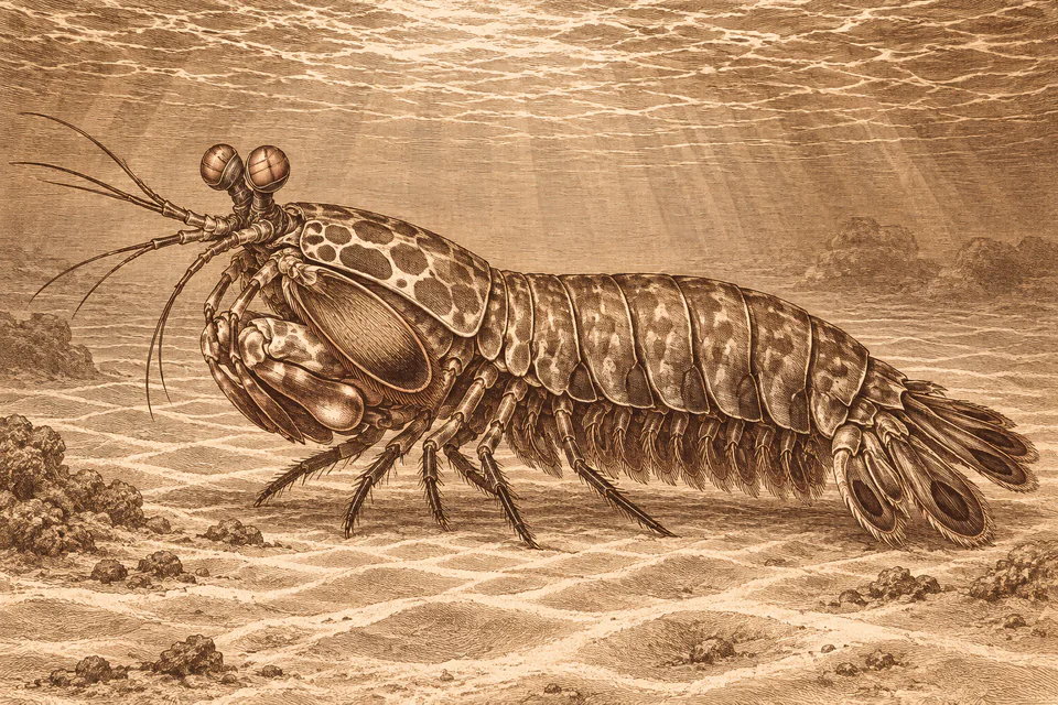 A side-view mantis shrimp stands on rippled sand in a warm brown copperplate-etching-style underwater scene.