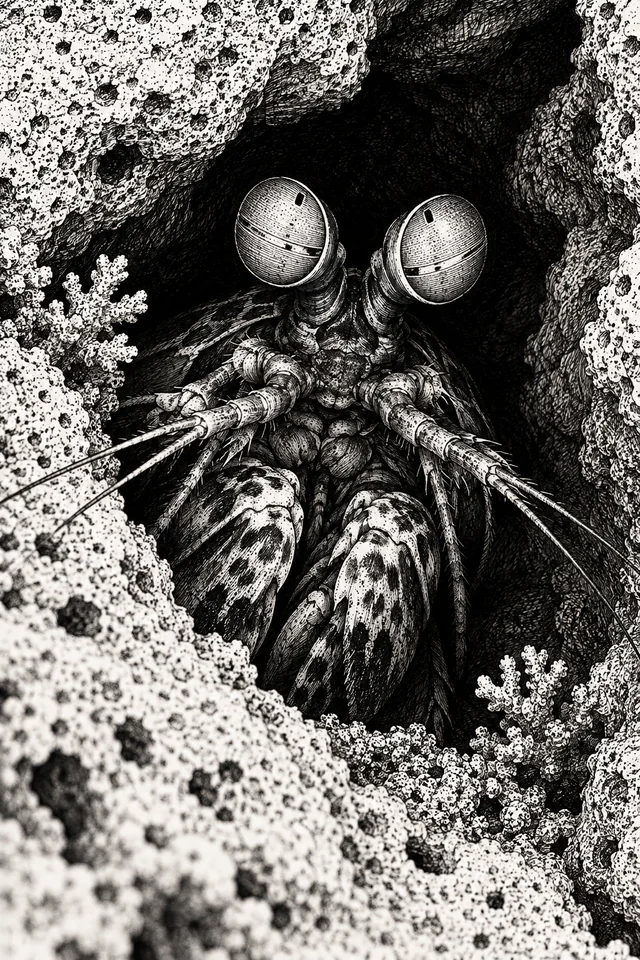 Two stalked mantis shrimp eyes and folded forelimbs emerge frontally from a dark limestone crevice in a black-and-white ink drawing.