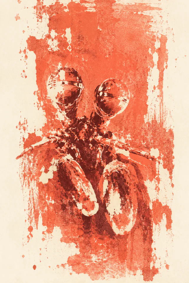 A coral and maroon mantis shrimp face emerges from uneven ink impressions on cream paper.