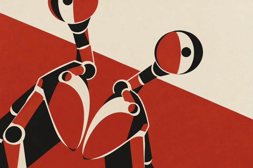 Two geometric stalked eyes and inward-folded clubs cross a diagonal red stripe on ivory.