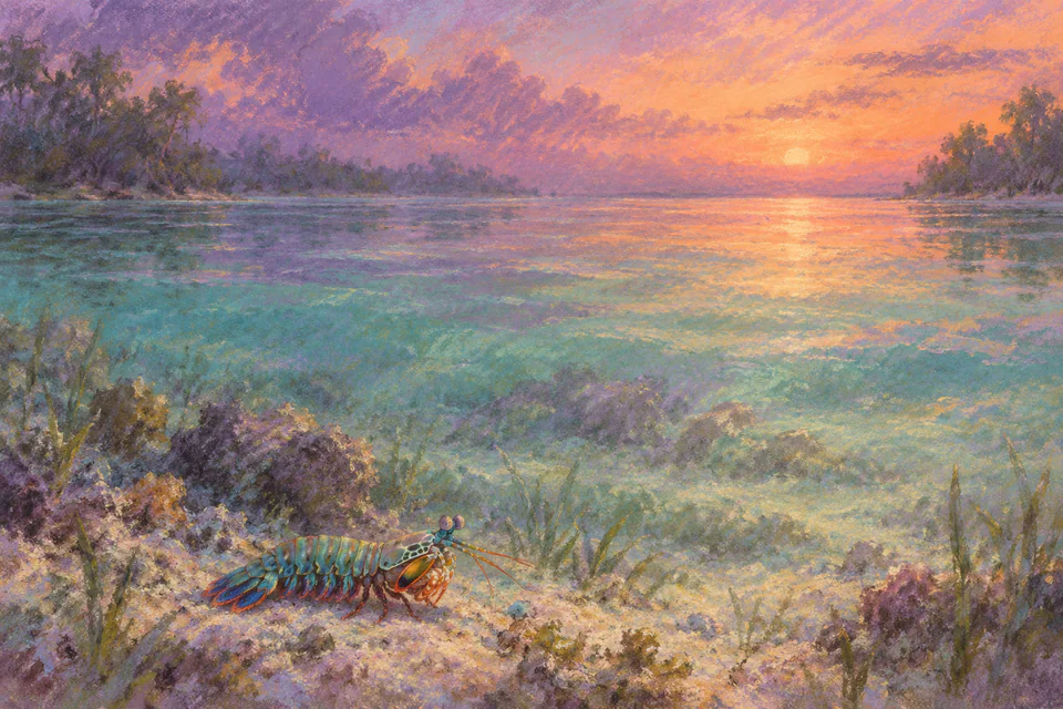 A small mantis shrimp rests in the foreground of a lavender-and-peach lagoon sunset in a soft pastel drawing.