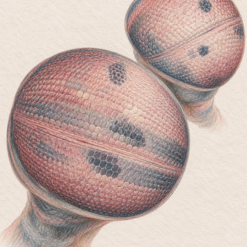 Two pink and slate compound eyes fill a close-cropped colored-pencil study, with the nearer eye at lower left and the farther eye cut by the top edge.