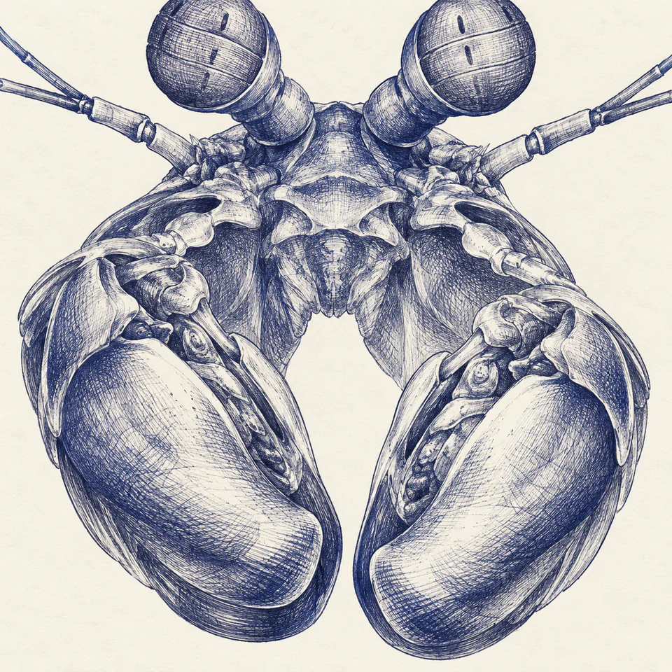 Indigo pen lines show two folded mantis shrimp clubs around a central V of ivory paper, with the eyes cropped above.