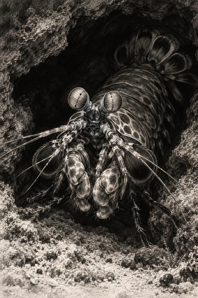 A front-facing mantis shrimp emerges from a dark rock burrow in a charcoal drawing, with pale eye and club highlights.