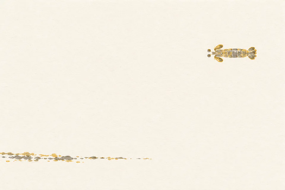 A tiny gold-and-gray dorsal mantis shrimp motif floats high on the right above a broken tide mark across pale paper.