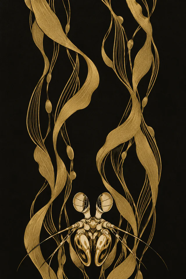 A small gold mantis shrimp head and folded clubs sit beneath tall flowing kelp ribbons on a warm-black Art Nouveau-style field.