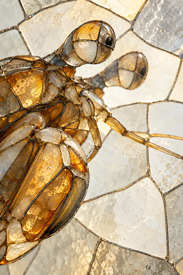 An amber-and-smoke glass-inspired mantis shrimp head and one closed club are cropped along the left of an airy milky-glass field.